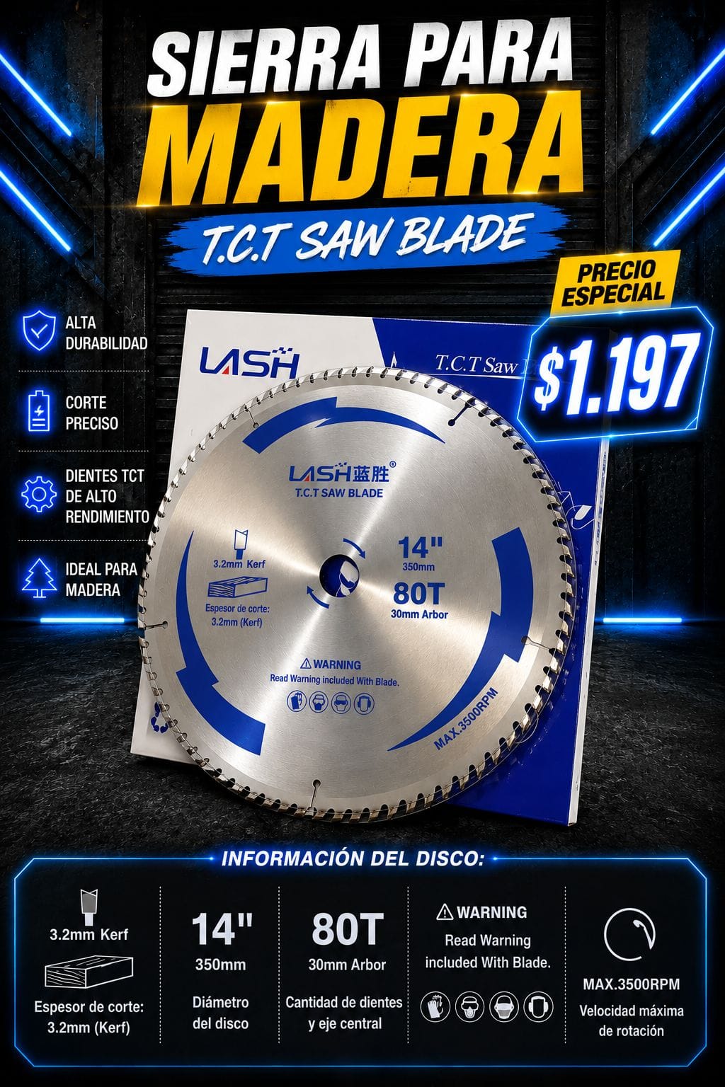 Disco Sierra para Madera TCT 14” 80 Dientes – LASH