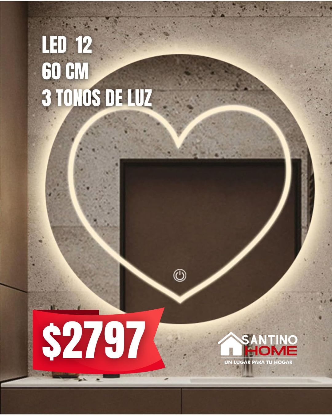 Espejo Modelo LED 12 – Circular con Diseño Corazón y Luz LED
